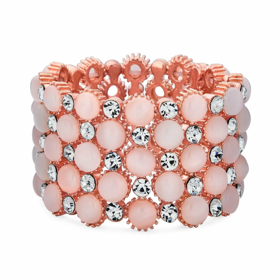 Shop Women Bling Jewelry Cuff Bangle Bracelets | Pink Rose Gold Plated Pink Cats Eye Crystal Stretch Bracelet Prom