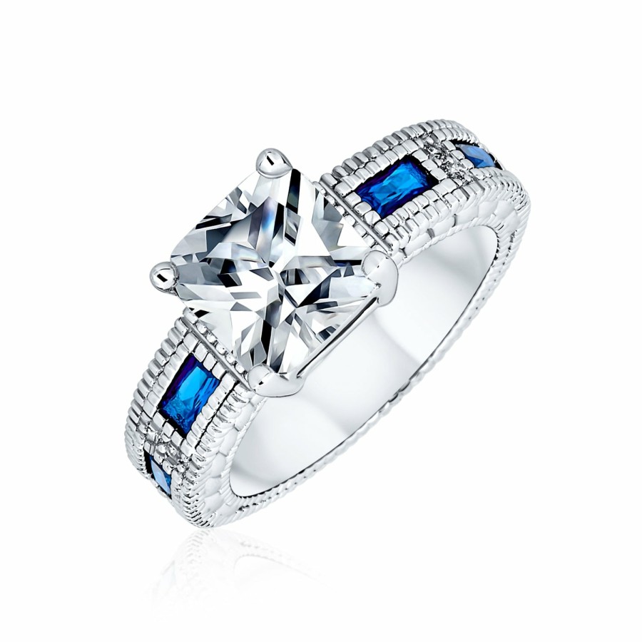 Shop Women Bling Jewelry Engagement Rings | 3Ct Princess Aaa Cz Blue Baguette Engagement Ring Plated Brass Silver