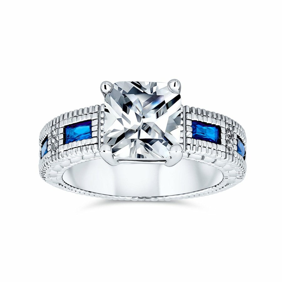 Shop Women Bling Jewelry Engagement Rings | 3Ct Princess Aaa Cz Blue Baguette Engagement Ring Plated Brass Silver