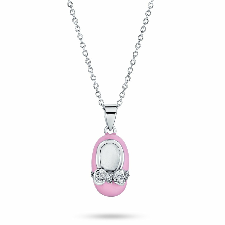 Shop Women Bling Jewelry Engravable Necklaces | Baby Shoe Charm Pendant New Mother Pink Bow Engravable Sterling Silver