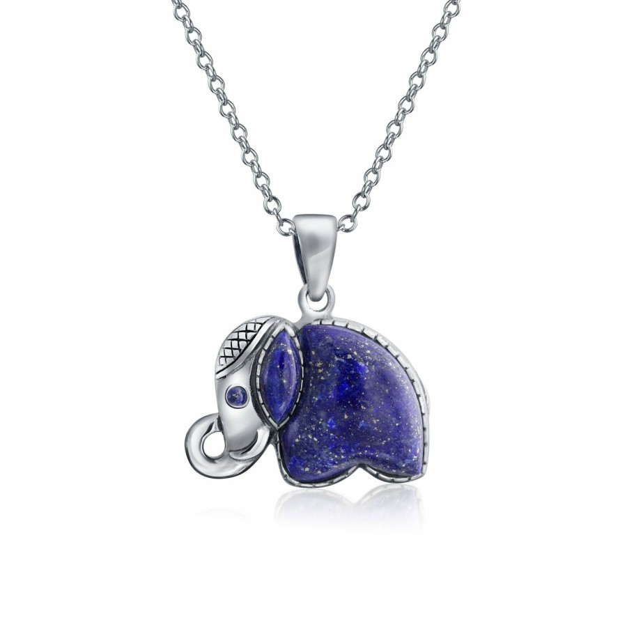 Shop Women Bling Jewelry Pendant Necklaces | Bali Gemstone Indian Lapis Lazuli Elephant Pendant Necklace .925 Silver