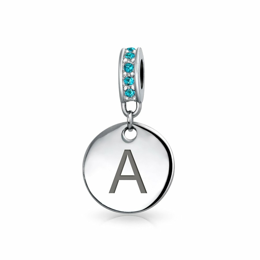 Shop Women Bling Jewelry Dangle Beads | Aqua Crystal Alphabet Initials Disc Circle Charm Bead .925 Silver