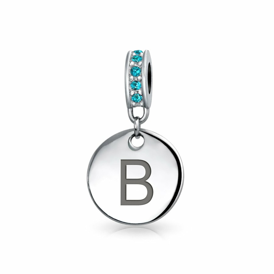 Shop Women Bling Jewelry Dangle Beads | Aqua Crystal Alphabet Initials Disc Circle Charm Bead .925 Silver