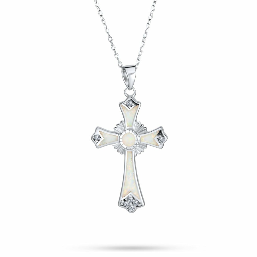 Shop Women Bling Jewelry Pendant Necklaces | Vintage Created Opal Cross Pendant Necklace Sterling Silver