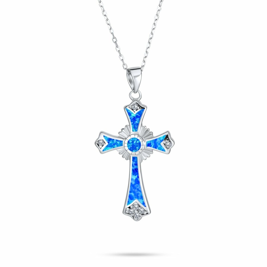 Shop Women Bling Jewelry Pendant Necklaces | Vintage Created Opal Cross Pendant Necklace Sterling Silver