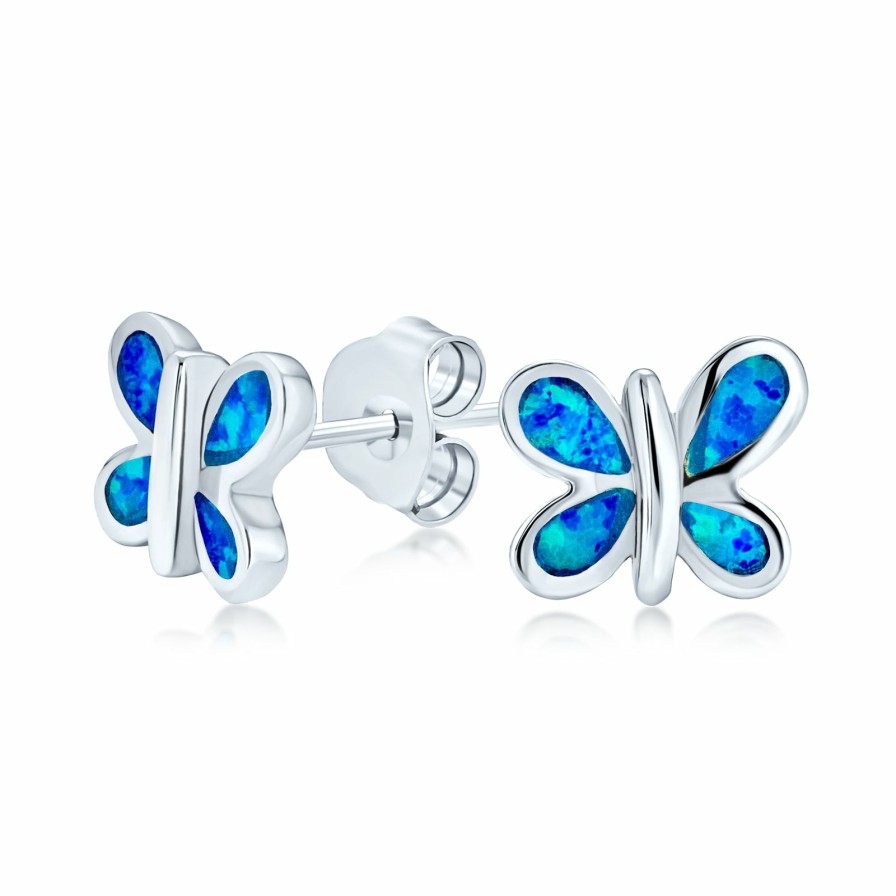 Shop Women Bling Jewelry | Inlay Blue Created Opal Butterfly Stud Earrings .925Sterling Silver