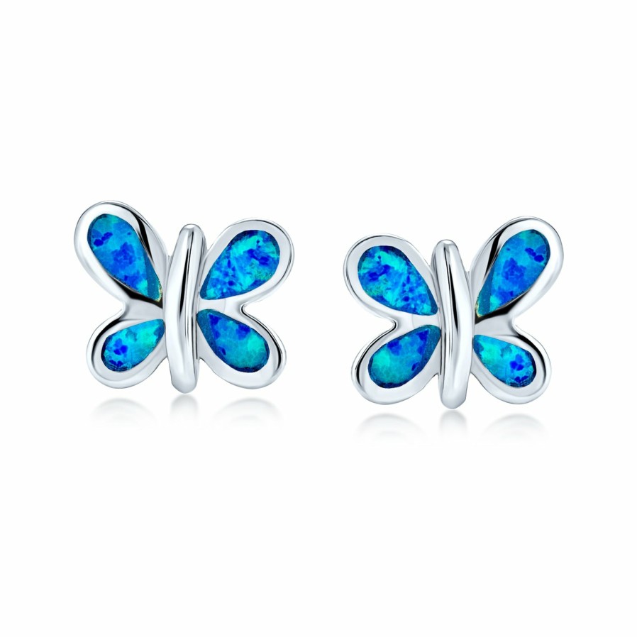 Shop Women Bling Jewelry | Inlay Blue Created Opal Butterfly Stud Earrings .925Sterling Silver