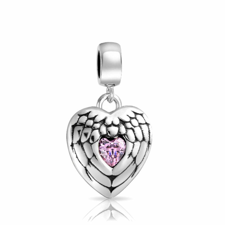 Shop Women Bling Jewelry Love Heart Beads | Angel Wing Feather Heart Dangle Charm Bead .925 Sterling Silver