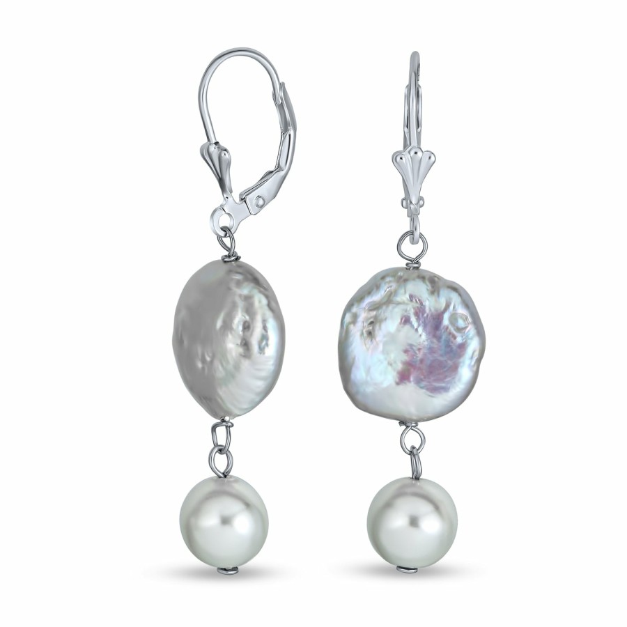 Shop Women Bling Jewelry Dangle Drop Earrings | Coin Biwa Cultured Pearl Lever Back Dangle Earrings Sterling Silver