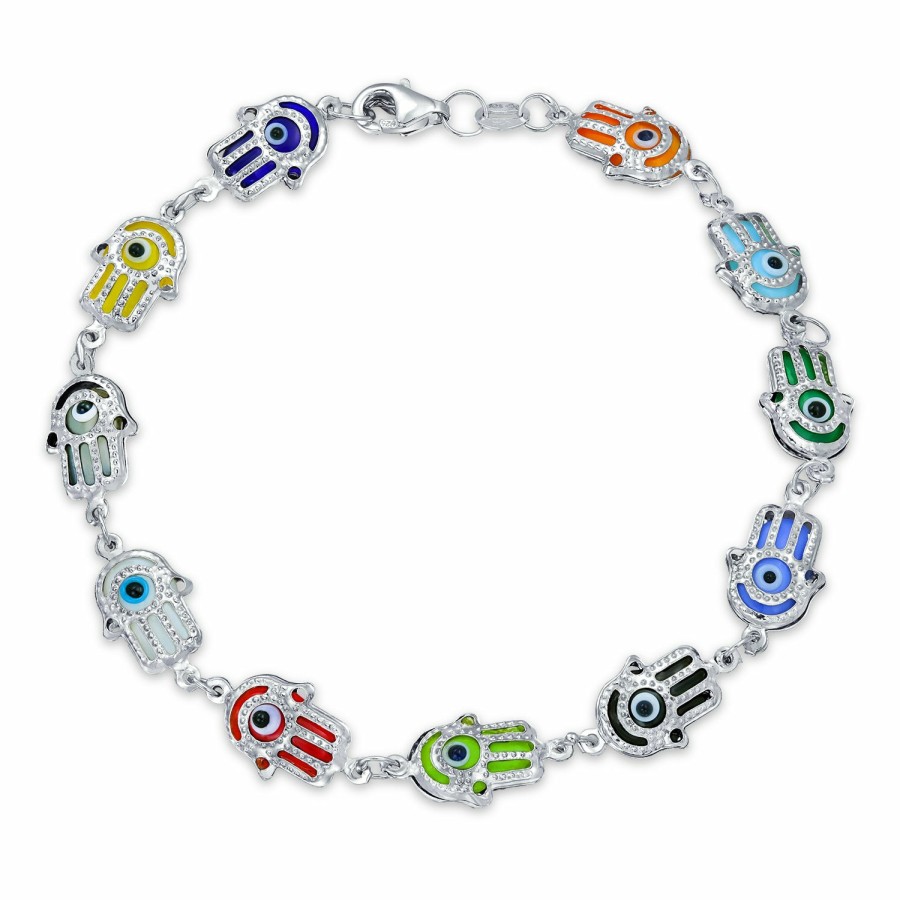 Shop Women Bling Jewelry Unique Bracelets | Turkish Colorful Evil Eye Hamsa Hand Charm Bracelet Sterling Silver