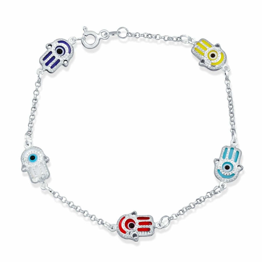 Shop Women Bling Jewelry Unique Bracelets | Turkish Colorful Evil Eye Hamsa Hand Charm Bracelet Sterling Silver