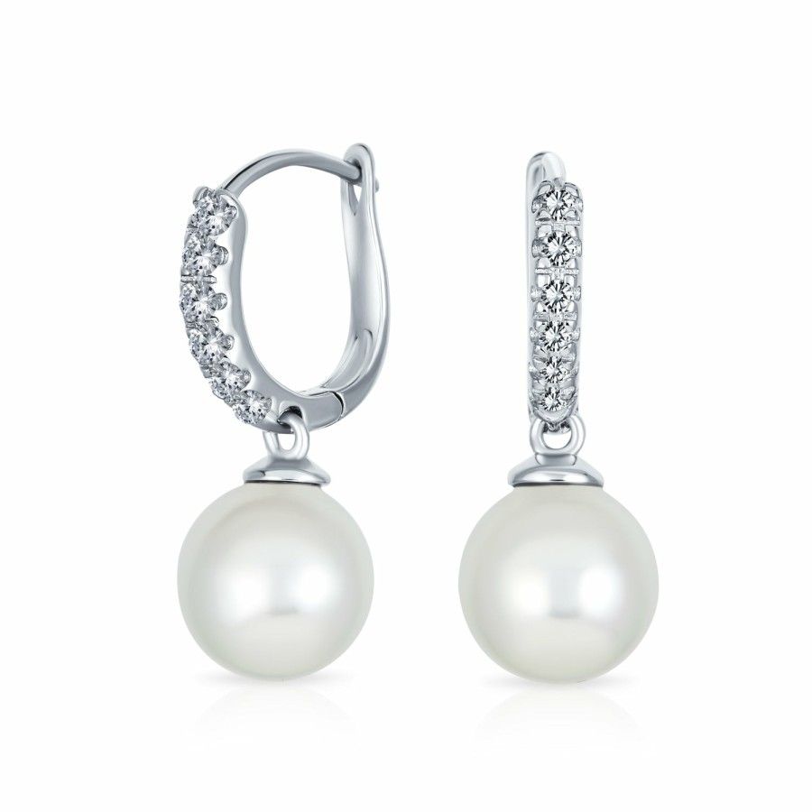 Shop Women Bling Jewelry Dangle Drop Earrings | Bridal Imitation Pearl Drop Ball Hoop Pave Huggie Earrings .925 Silver