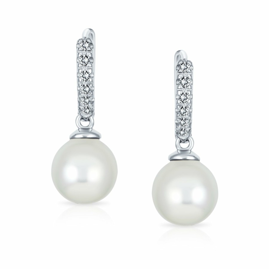 Shop Women Bling Jewelry Dangle Drop Earrings | Bridal Imitation Pearl Drop Ball Hoop Pave Huggie Earrings .925 Silver