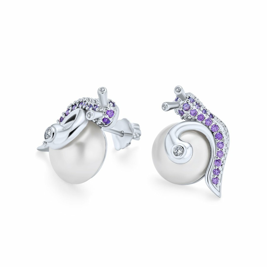 Shop Women Bling Jewelry Stud Earrings | 3D Purple Pave Snail White Stud Imitation Pearl Earrings Silver Plate