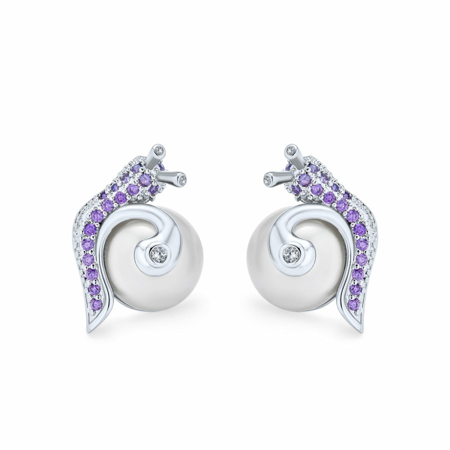 Shop Women Bling Jewelry Stud Earrings | 3D Purple Pave Snail White Stud Imitation Pearl Earrings Silver Plate