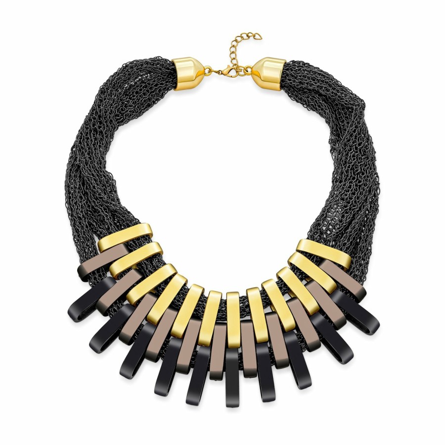 Shop Women Bling Jewelry Statement Necklaces | Bronze Black Matte Metallic Modern Urban Fan Bib Statement Necklace