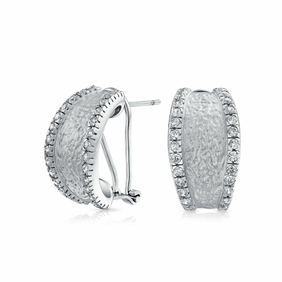 Shop Women Bling Jewelry Hoops Huggies Earrings | Matte Hammered Shrimp Half Hoop Earrings Pave Edge Cz Plated