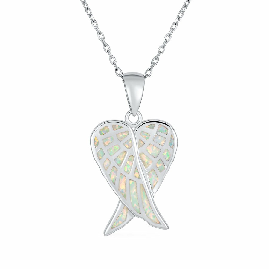 Shop Women Bling Jewelry Pendant Necklaces | White Opal Inlay Guardian Angel Wings Necklace Pendant Silver