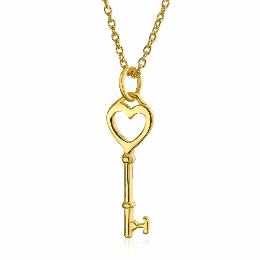 Shop Women Bling Jewelry Pendant Necklaces | Romantic Open Heart Key Shaped Pendant 14K Gold Plated .925 Silver