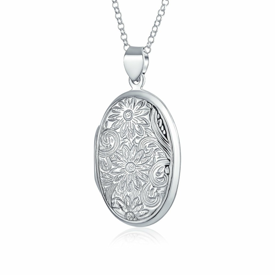 Shop Women Bling Jewelry Lockets | Sunflower Photo Oval Locket For Women Hold Pictures Sterling Necklace Silver