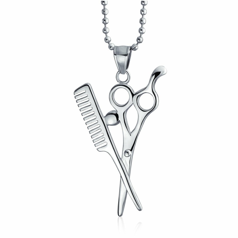 Shop Men Bling Jewelry Mens Pendants & Dog Tags | Unisex Hair Stylist Scissors Comb Crystal Pendant Necklace Stainless Steel