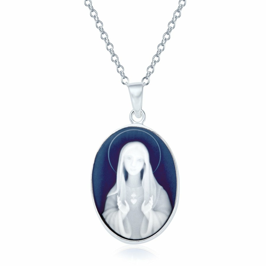 Shop Women Bling Jewelry Engravable Necklaces | Blue Our Lady Of Guadalupe Virgin Mary Cameo Locket Necklace Sterling