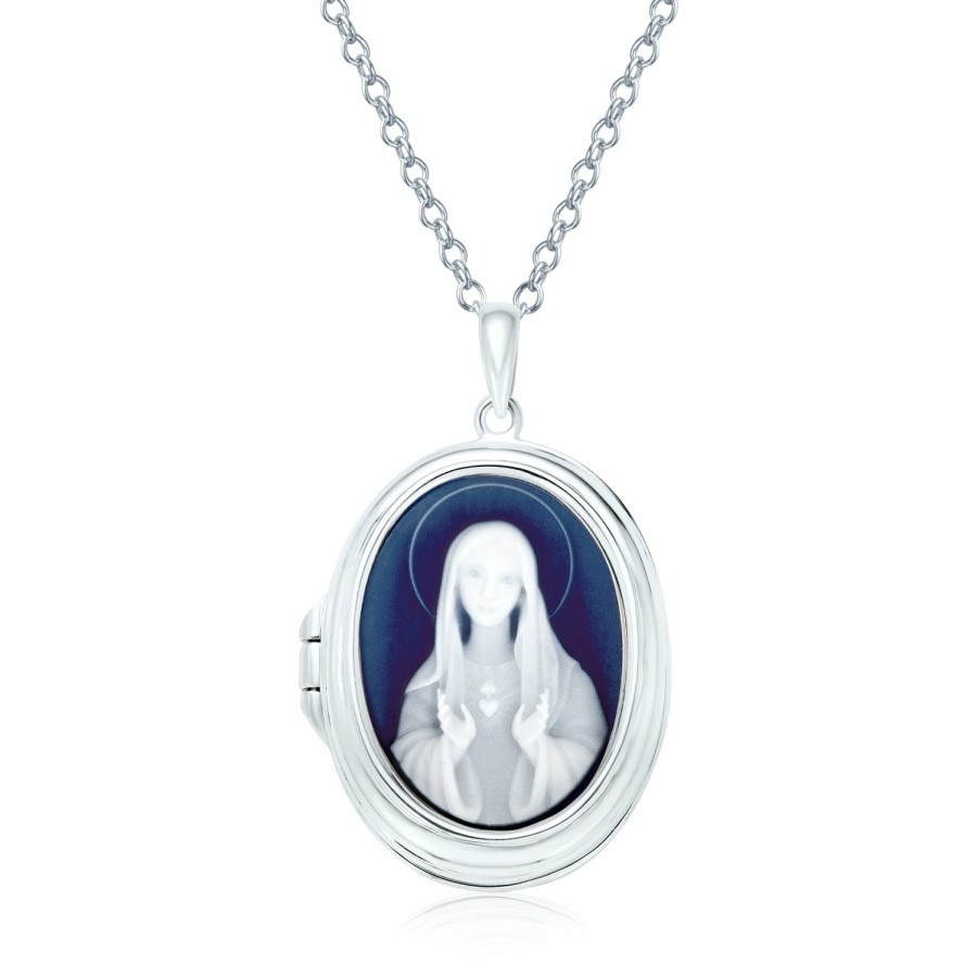 Shop Women Bling Jewelry Engravable Necklaces | Blue Our Lady Of Guadalupe Virgin Mary Cameo Locket Necklace Sterling