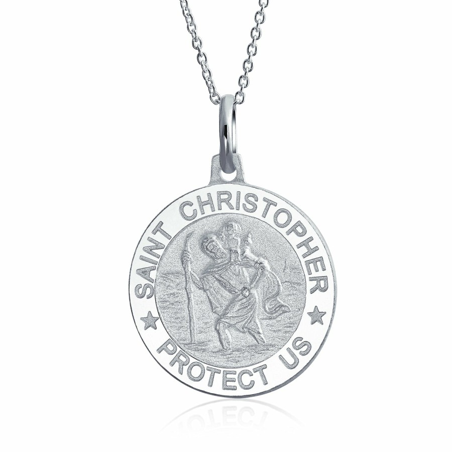 Shop Men Bling Jewelry Mens Engravable Necklaces | Saint Joseph Christopher Jude Jesus Michael Medal Pendant Necklace .925 Silver