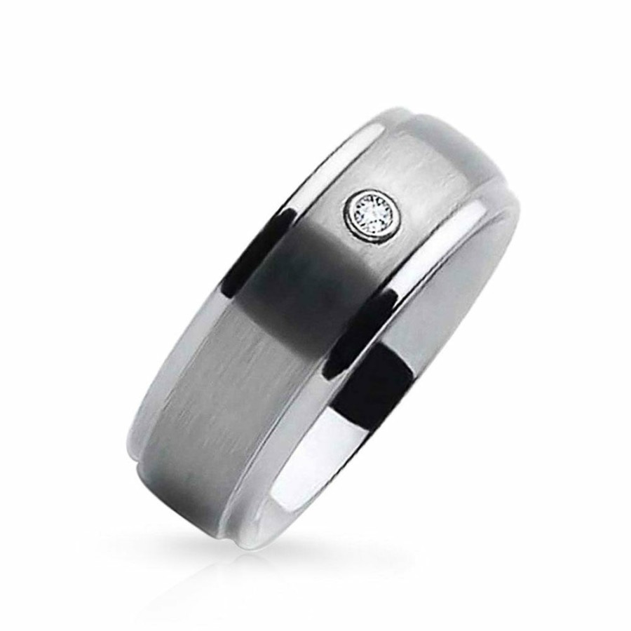 Shop Men Bling Jewelry Mens Engravable Rings | .10Ct Cz Accent Couples Wedding Band Titanium Rings Matte Brushed 8Mm Silver