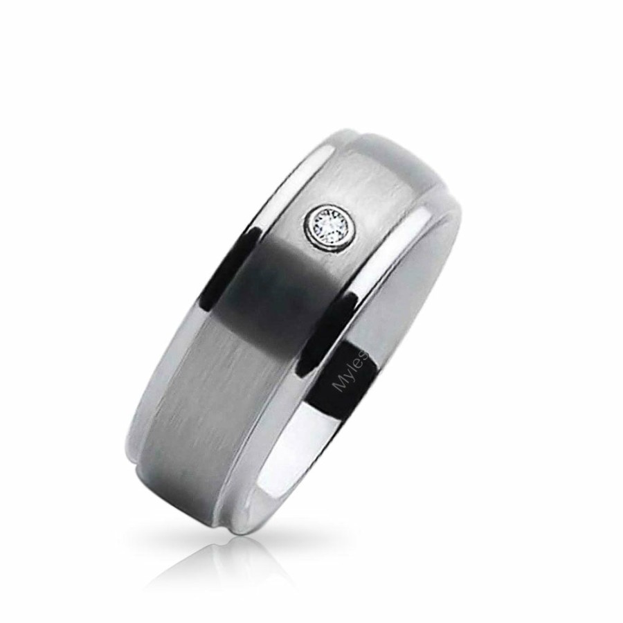 Shop Men Bling Jewelry Mens Engravable Rings | .10Ct Cz Accent Couples Wedding Band Titanium Rings Matte Brushed 8Mm Silver