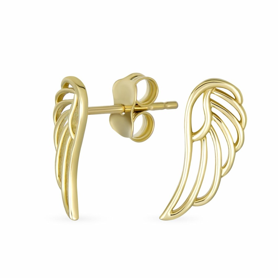 Shop Women Bling Jewelry | Real 14K Yellow Gold Tiny Mini Dainty Feather Angel Wing Stud Earrings