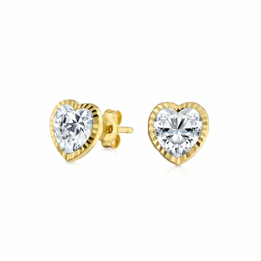 Shop Women Bling Jewelry | Real 14K Yellow Gold Heart Cubic Zirconia Textured Cz Stud Earrings