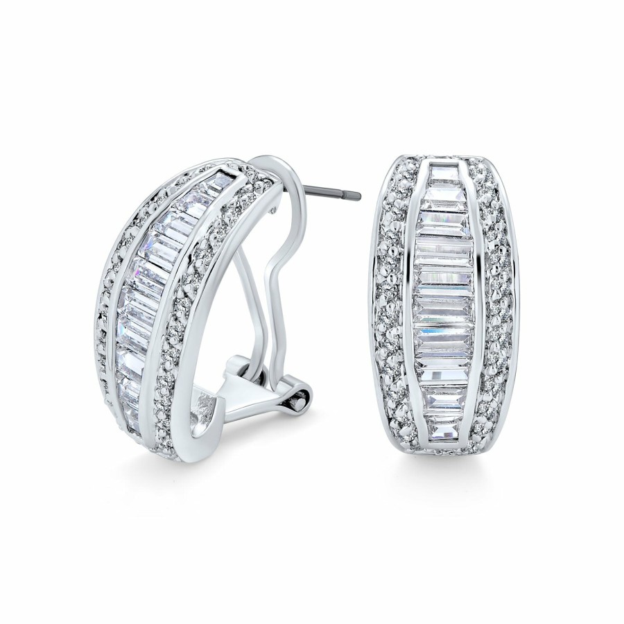 Shop Women Bling Jewelry Dangle Drop Earrings | Bridal Baguette Cz Half Hoop Earrings Omega Back Clip Silver Plated