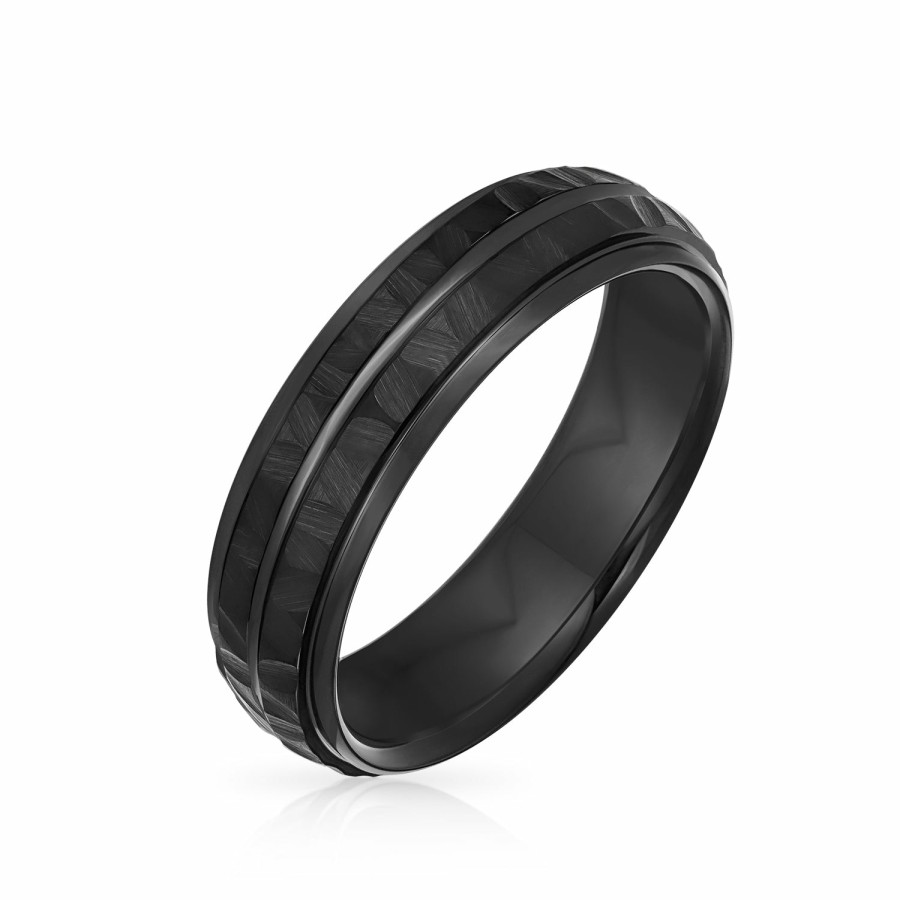 Shop Men Bling Jewelry Mens Rings | Grooved Solid Hammered Wedding Band Titanium Rings For Men 6Mm Black