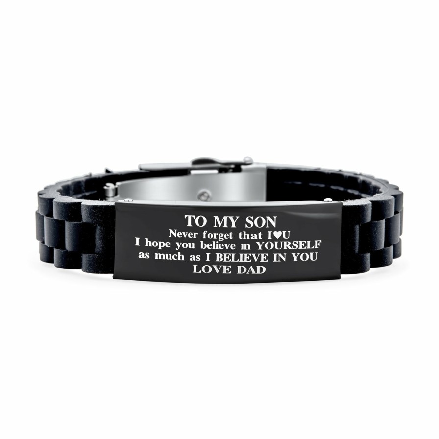 Shop Women Bling Jewelry Engravable Bracelets | To My Son Inspirational Id Bracelet Steel Trim-To-Fit Silicone Black