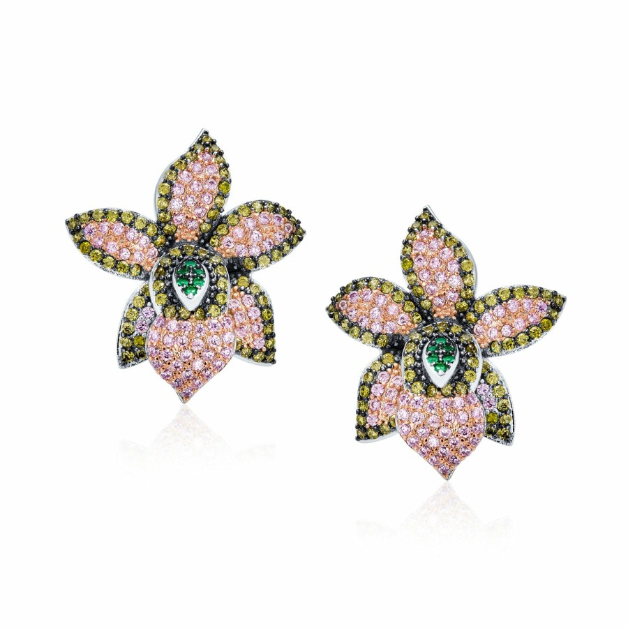 Shop Women Bling Jewelry Stud Earrings | 3D Pink Orchid Flower Shaped Pave Cz Stud Earrings Silver Plated