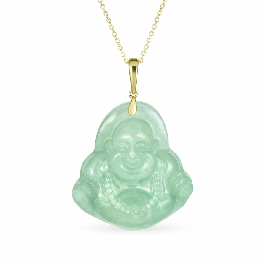 Shop Women Bling Jewelry Pendant Necklaces | Large Spiritual Green Jade Laughing Buddha Unisex Pendant Necklace 20"