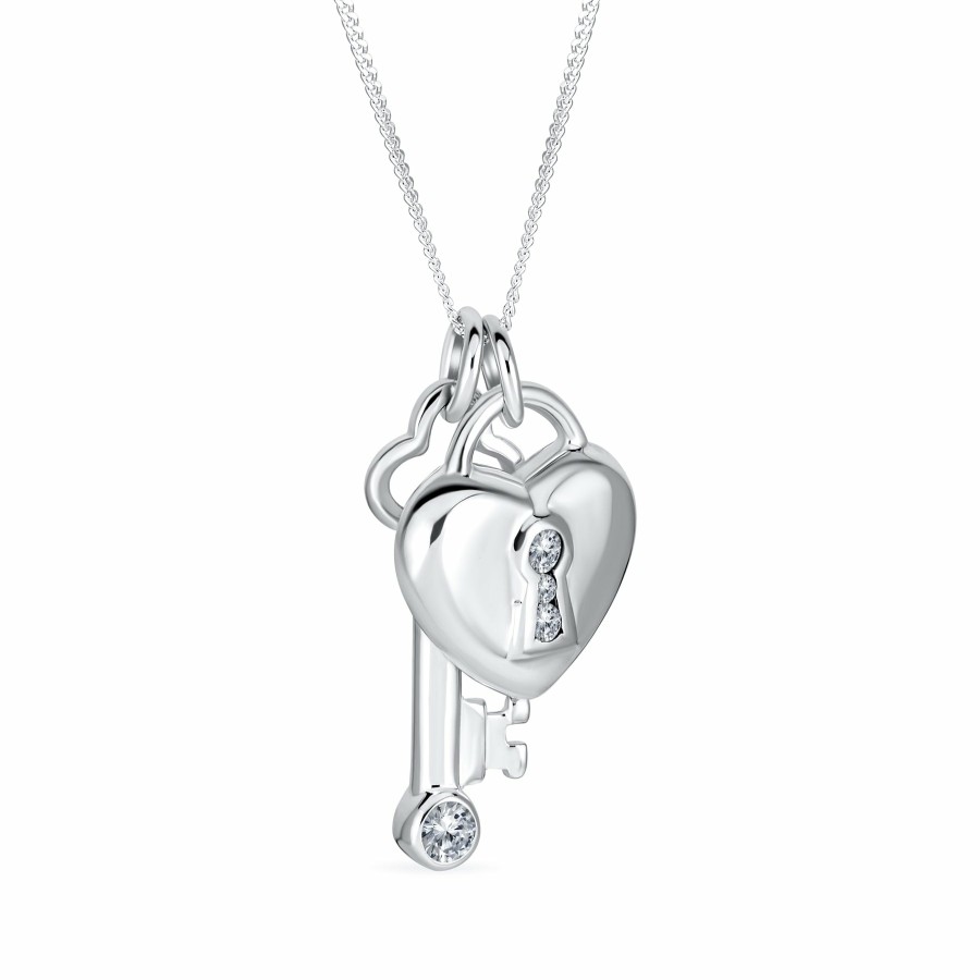 Shop Women Bling Jewelry Pendant Necklaces | Romantic Lock Key Heart Charm Pendant .925Sterling Silver Necklace