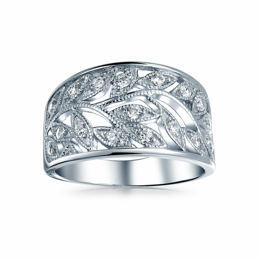 Shop Women Bling Jewelry Wedding Bands | Boho Pave Open Filigree Wide Leaves Leaf Band Ring .925 Sterling Silver