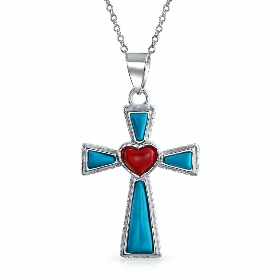 Shop Women Bling Jewelry Pendant Necklaces | Gemstone Rope Edge Red Heart Cross Pendant Sterling Silver Necklace