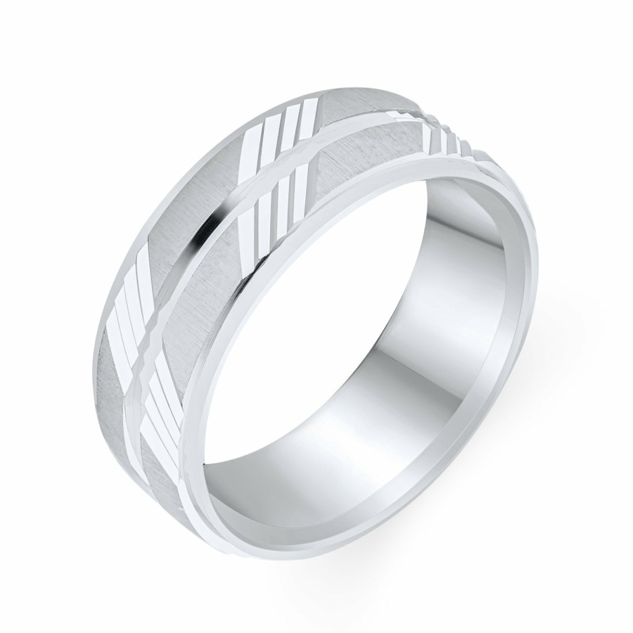 Shop Men Bling Jewelry Mens Rings | Unisex Diamond Cut Striped Wedding Band Ring .925Sterling 7Mm Silver