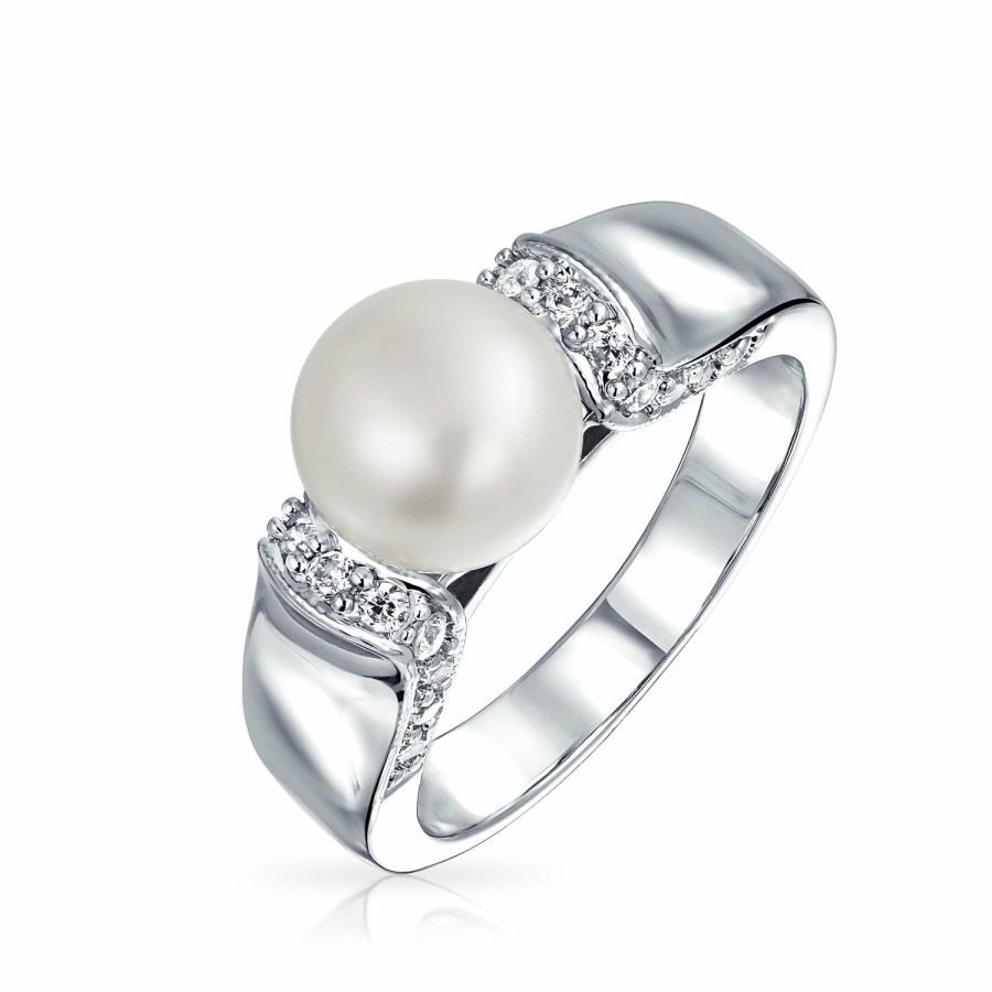 Shop Women Bling Jewelry Engravable Rings | Cz White Freshwater Cultured Pearl Engagement Ring Plated Silver