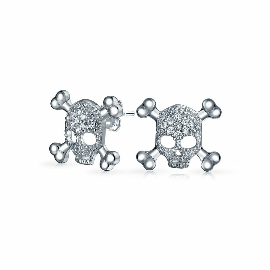 Shop Women Bling Jewelry Stud Earrings | Unisex Dia De Los Muertos White Cz Eye Crossbones Skull Stud Earrings