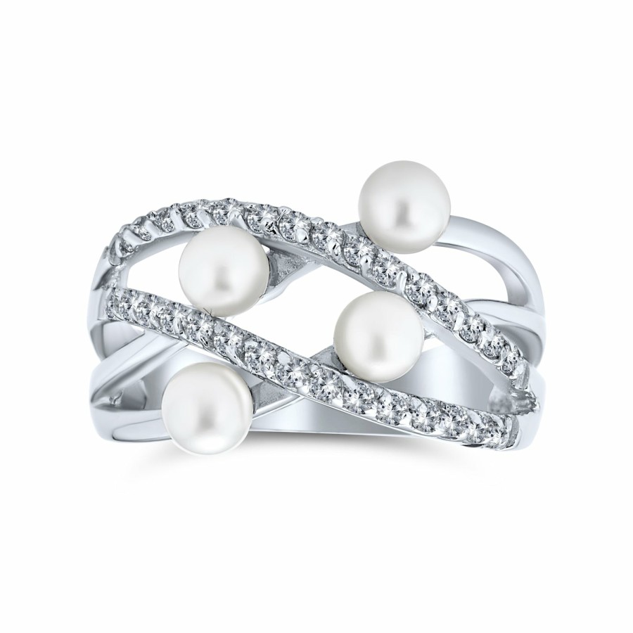 Shop Women Bling Jewelry Unique Rings | Crossover Criss Cross White Imitation Pearl Band Ring Sterling Silver