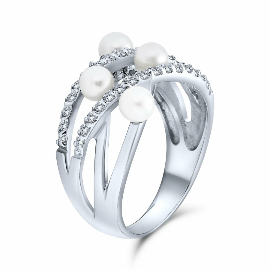 Shop Women Bling Jewelry Unique Rings | Crossover Criss Cross White Imitation Pearl Band Ring Sterling Silver