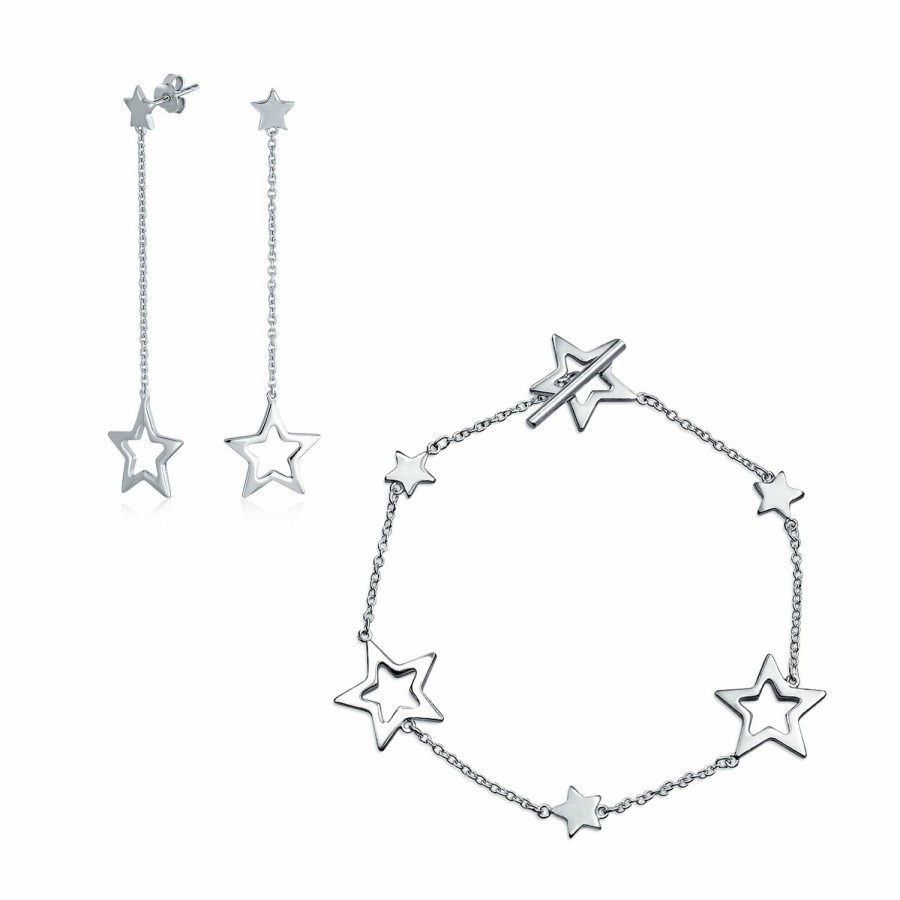 Shop Women Bling Jewelry Jewelry Sets | Celestial Patriotic Star Dangle Charm Hoop Earrings Sterling Silver