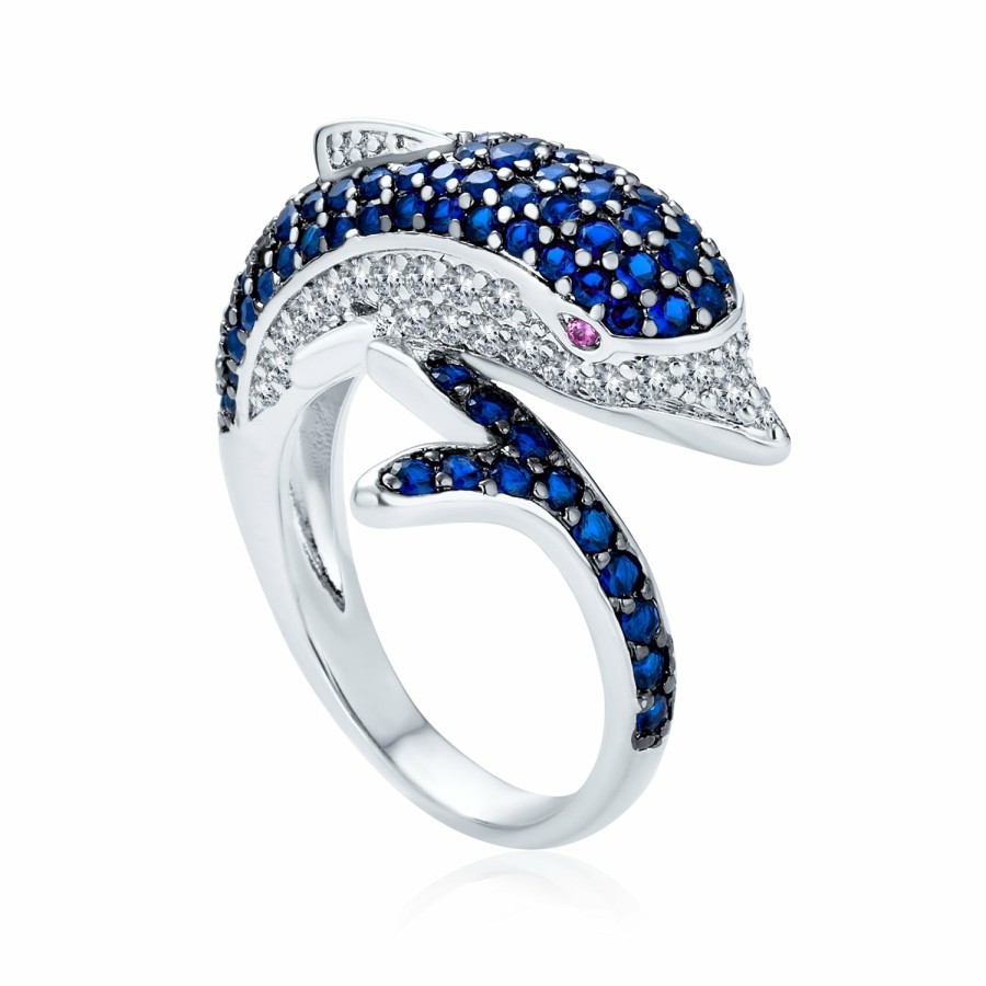 Shop Women Bling Jewelry Engravable Rings | Pave Navy Blue Cz Bypass Dolphin Band Ring Black Plated Brass Silver