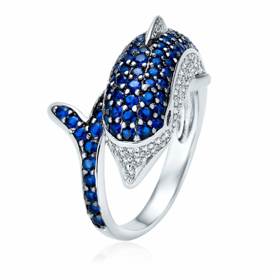 Shop Women Bling Jewelry Engravable Rings | Pave Navy Blue Cz Bypass Dolphin Band Ring Black Plated Brass Silver