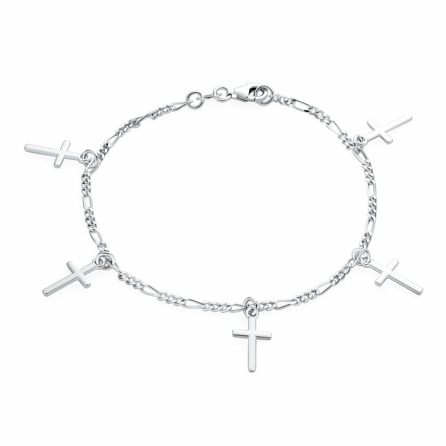 Shop Women Bling Jewelry | Religious Multi Charm Dangling Cross Bracelet Communion .925 Silver 7"