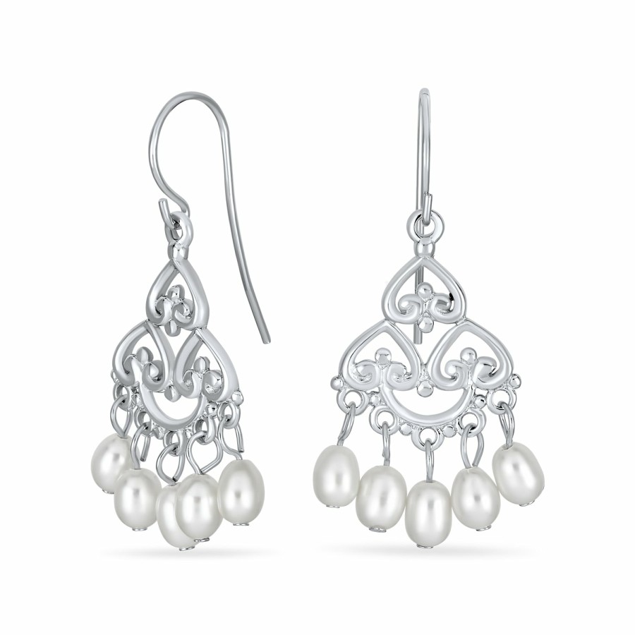 Shop Women Bling Jewelry Chandelier Earrings | Freshwater Pearl Filigree Chandelier Earrings .925 Sterling Silver